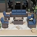 ALAULM 10 Pieces Patio Furniture Set with 2 Swivel Chairs Patio Furniture Outdoor Sectional Sofas with 55000 Gas Fire Pit Patio Conversation Set w/7 Cushions-Dark Blue