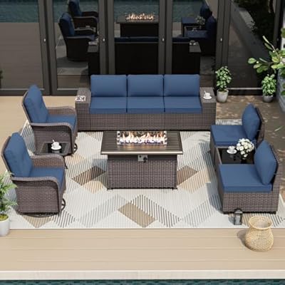 ALAULM 10 Pieces Patio Furniture Set with 2 Swivel Chairs Patio Furniture Outdoor Sectional Sofas with 55000 Gas Fire Pit Patio Conversation Set w/7 Cushions-Dark Blue