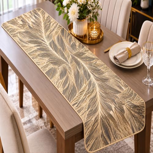 Prisha Cart Premium PVC Table Runner – Washable, Anti-Slip, Heat-Resistant Protector Mat for Dining & Console Tables(1pc Golden Palm)