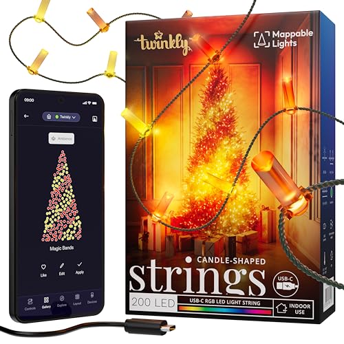 Twinkly Candies App-Controlled Candle-Shaped LED Light String with 200 RGB (16 Million Colors) LEDs. 5 Meters / 16.4 Feet. Green Wire. USB-C-Powered. Indoor Smart Home Lighting Decoration