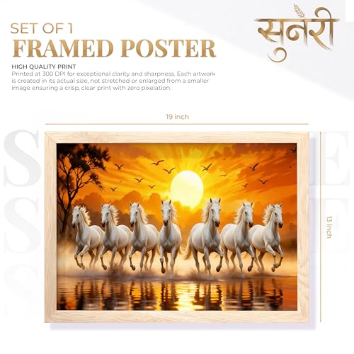 Image of Suneree 7 White Horse Vastu Wall Painting - Running Horses Sunset Landscape Framed Wall Art for Living Room & Office Decor (Natural, Design 02, 13x19 Inch)