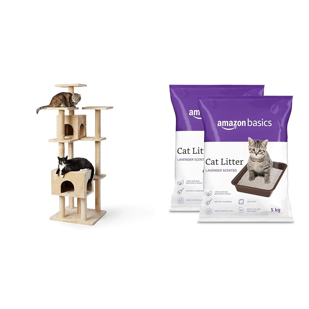 Amazon Basics Large Cat Condo Tree Tower with Dual Caves and Scratching Post Beige & AmazonBasics Scoopable Smart Bentonite Cat Litter, Lavender Fragrance, Scented Cat Litter, 5Kg Pack of 2 (B0D35LH8SR) Amazon Price History, Amazon Price Tracker