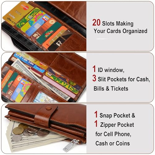 Image of YALUXE Women's RFID Real Leather Wallet with 21 Card Slots Phone Pocket | Waxed Leather, RFID Blocking, 20 Credit Card Slots, 1 ID Window, 3 Slit Pockets, Bill, Ticket, Phone Pocket