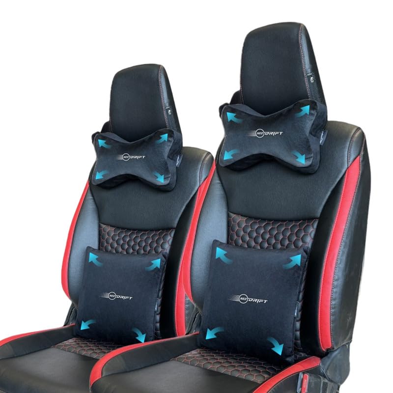 Image of Neodrift 'Neo-Kit Combo' - (Colour - Black+Silver)(2 Neck Cushions, 2 Square Pillows) | Neck & Back Rest Support Cushion Memory Foam Pillow for Neck, Head, Shoulder & Back Pain-Relief for Car Seat
