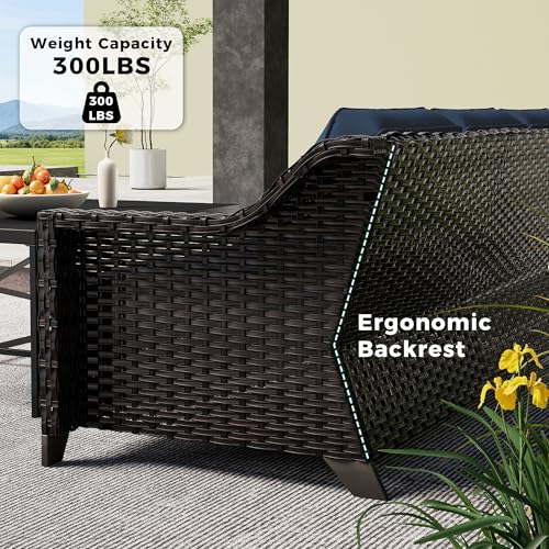 Image of 77'' Patio Sofa, All Weather Outdoor Rattan Wicker 3-Seat Sofa High Back Couch with Premium Cushions for Garden Backyard Porch(Brown /Navy) | Patio Couch with Olefin Removable Cushion, All-Weather Outdoor Sofa with Deep Seat for Porch, Deck and Backyard, Blue