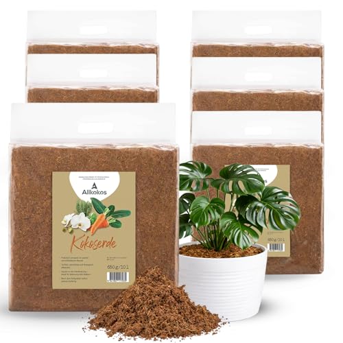 Allkokos Kokos-Erde für Pflanzen – 6x650g Block quillt direkt in der Verpackung auf ca. 10l Blumenerde auf – torffreies Kokos-Substrat für Kräuter, Gemüse und Blumen (6x650g)