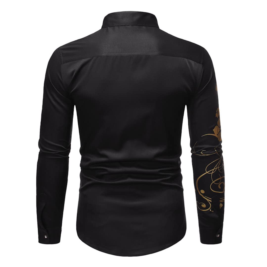 Camicia di Stampa Fiore Oro per Uomo Primavera Slim Fit Manica Lunga Mens Abiti Camicie Casual Camicia Sociale Black M