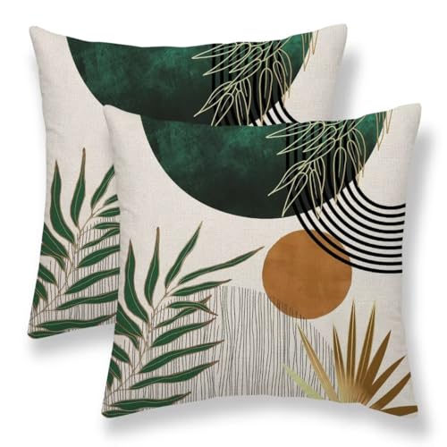 Boho Mid Century Pillow Covers 18 x 18 Inch Set of 2 Green Gold Bohemian Decorative Throw Pillow Covers Outdoor Retro Abstact Tropical Leaves Pillow Cases for Bed Couch Sofa Home Decor