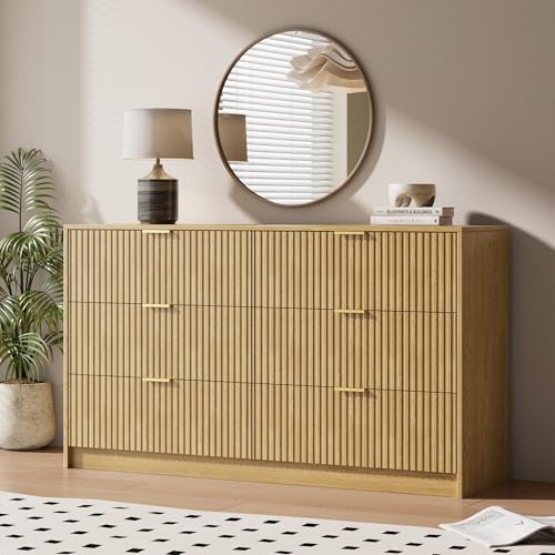 Image of MAISONARIA 6 Drawer Dresser for Bedroom, 55 inch Wide Modern Chest of Drawers with Gold Metal Handles, Fluted Wood TV Stand for Living Room, Hallway, Natural