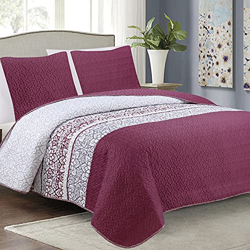 Euromat Couvre-Lit Quilt Matelassé avec 2 taies d'oreiller 40x40 cm- (Bordeaux Gris Blanc - Ciao, 180x220 cm)