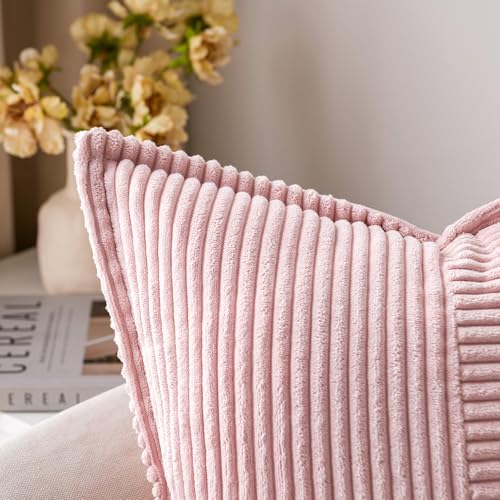 Image of MIULEE Spring Decorative Throw Pillow Covers for Couch Bed Livingroom 20x20 Inch Set of 2 Pink Boho Accent Throw Pllows Broadside Striped Patchwork Soft Corduroy Pillowcases Valentine Decor