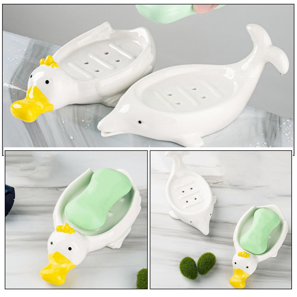 Jabonera Decorativa de Cerámica Forma de Mamífero Marino 2 Piezas | Blanco, Autodrenante para Baño y Ducha, también Sirve para Joyas y Esponja