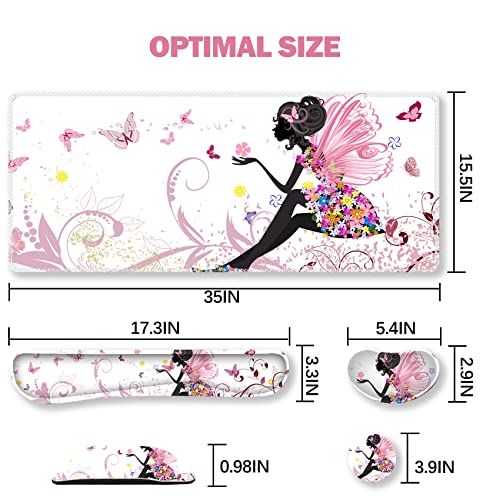 Image of ARTSO Extended Gaming Mouse Pad Set, Keyboard Wrist Rest Support Pad + Wrist Cushion + XXL Large Mouse Pad + Coaster, Stitched Edge, Non-Slip, Memory Foam Desk Mat, Pink Butterfly Girl