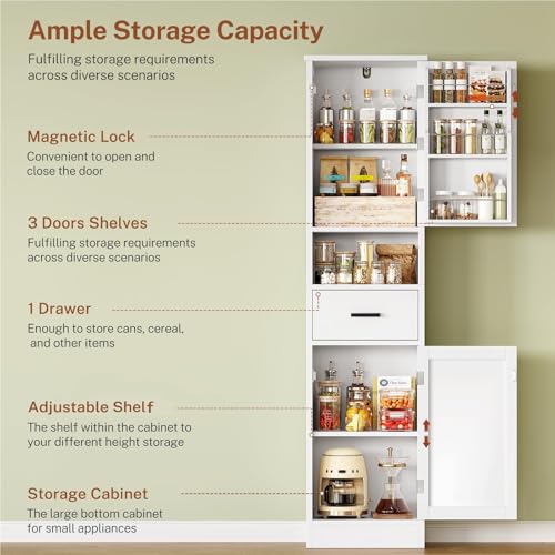Image of TEENFON 67 inch H Tall Storage Cabinet with 2 Doors, Bathroom Storage Cabinet, Kitchen Pantry Cabinets for Living Room, Dining Room, Bathroom, White