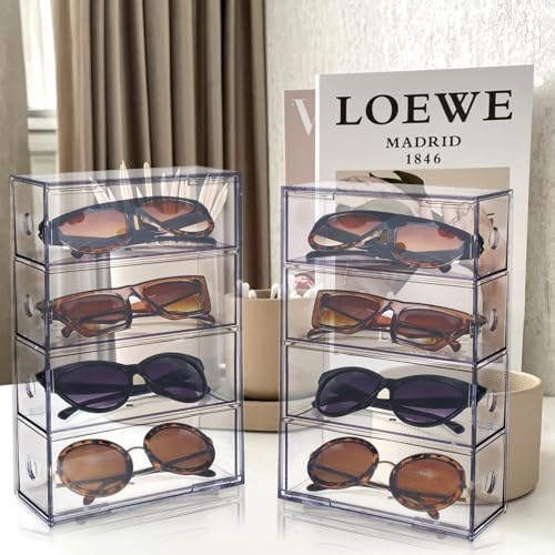 Image of 2 Pieces Acrylic Sunglass Organizer Clear Sunglass Holder with 4 Drawers Glasses Organizer for Women Clear Eyeglass Holder Eyewear Display Case Multiple Pair for Glasses Jewelry Watch Storage