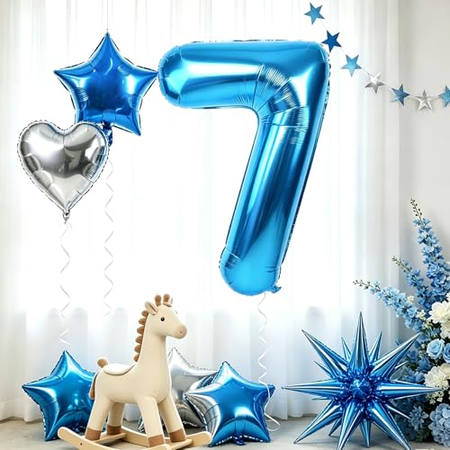 Image of TONIFUL 7th Birthday Balloons Kit 40 Inch Blue Large Number 7 Foil Balloon