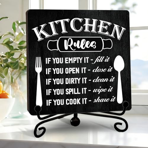 Image of DETIHO Funny Kitchen Decor, Rustic Kitchen Decorations Wood Sign with Iron Stand, Black Wooden Box Sign for Home Dining Room - G05