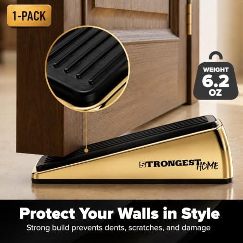 Image of STRONGEST HOME Door Stoppers for Bottom of Door - Heavy Duty Metal Rubber Stopper, Non-Slip Door Stop for Heavy Doors Gold 1 PC