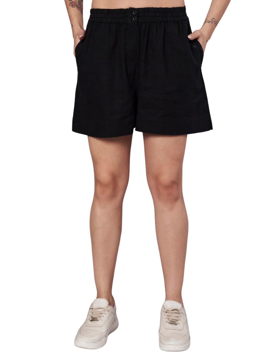 Women High-Rise Shorts, Black, Elasticated Waist with Side Pockets-image-19