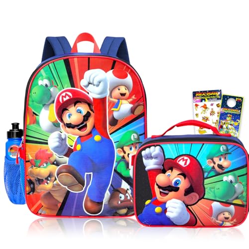 Super Mario Mochila com conjunto de lancheira – Pacote com mochila escolar de 40,6 cm com Bowser, Luigi, Yoshi, mais lancheira, adesivos, garrafa de água | Mochila Super Mario Bros com lancheira