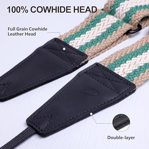 Image of Padwa Lifestyle Adjustable Camera Strap - 2 inch Top Layer Cowhide Head Camera Straps for Photographers,Soft Cotton Rope Crossbody Strap with Quick Release fits All Cameras - Green White Stripe