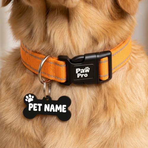 Image of PAWPRO HANDMADE Nylon Reflective Dog Collar With Customizable Bone-Shaped Tag Adjustable For Safety And Comfort, Fits 35-50 Cm Neck Black (Orange, Medium)
