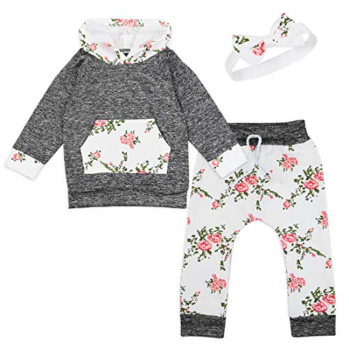 Baby Girls Clothes, Toddler Girl Hoodie Tops with Pocket Floral Pants Headband