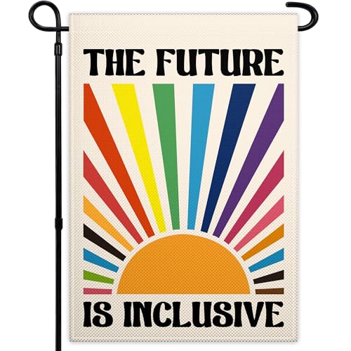 The Future is Inclusive Pride Garden Flags for Outside 12x18 Inch Double Sided 3ply Fabric Equality Diversity Garden Flags for Outdoor House Yard Sign Decorate
