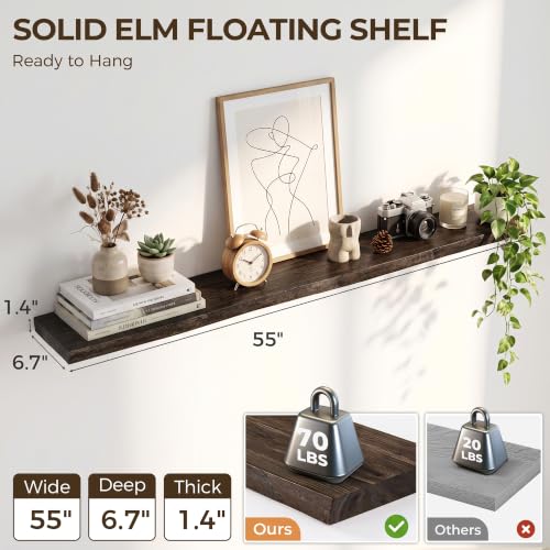 Image of Live Edge Elm Floating Shelves - 55 In Rustic Solid Wood Shelves with Heavy-Duty Invisible Bracket, Wall-Mounted Wooden Shelf for Living Room, Bathroom, Kitchen Storage & Display, Set of 1, Walnut