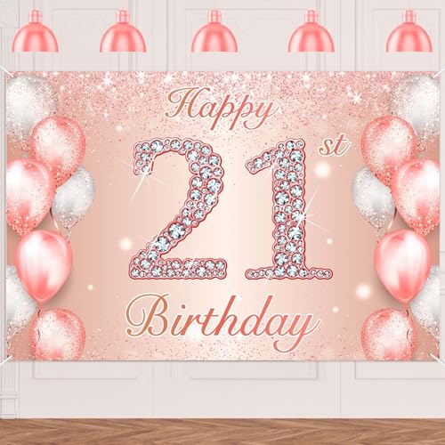 Image of Happy 21st Birthday Rose Gold Banner Cheers to 21 Years Old Backdrop Confetti Balloons Theme Decor for Women 21 Years Old Pink Birthday Party Decorations Bday Supplies Background Favors Gift Glitter