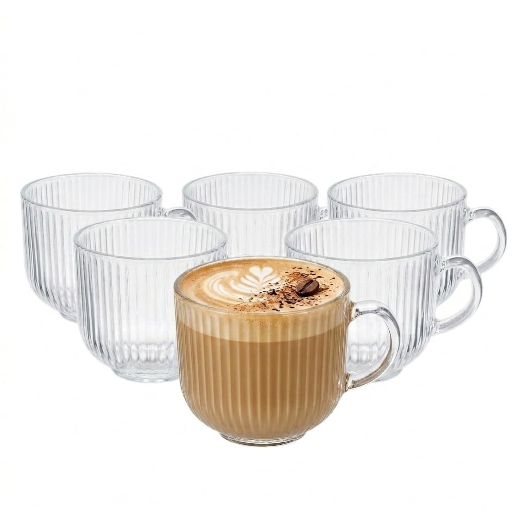Eden & Willow Glass Coffee Cups 440ml, 6 Pcs Espresso Iced Coffee Cups, Large & Clear Drinking Glassware Mugs, Ribbed Glass Mug for Cappuccino Latte Mocha Flat White, Home Gift Set