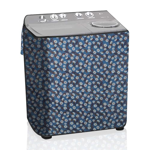 Image of The Furnishing Tree Semi-Automatic Top Load Washing Machine Cover | Waterproof & Dustproof | Easy to Clean | Durable & Washable, Floral Blueish Grey Polyester (51x84x96.5 CM)