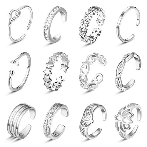 Honsny 12PCS Adjustable Toe Rings for Women Hypoallergenic Open Tail Ring Set Summer Beach Body Feet Jewelry