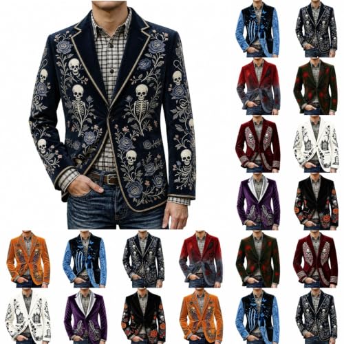 Halloween Suits for Men Halloween Blazer Men Corduroy Skeleton Floral Print Long Sleeve Blazer Black 01 Large - image 1