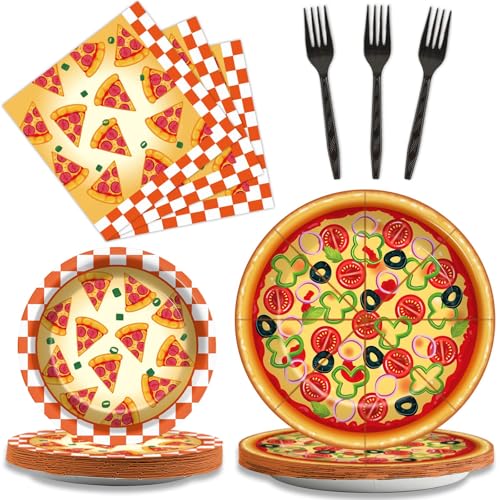gisgfim Pizza Party Supplies Tableware Set for 24 Guests Pizza Birthday Party Paper Plates Napkins Decorations Favors for Kids Boys Girls Baby Shower