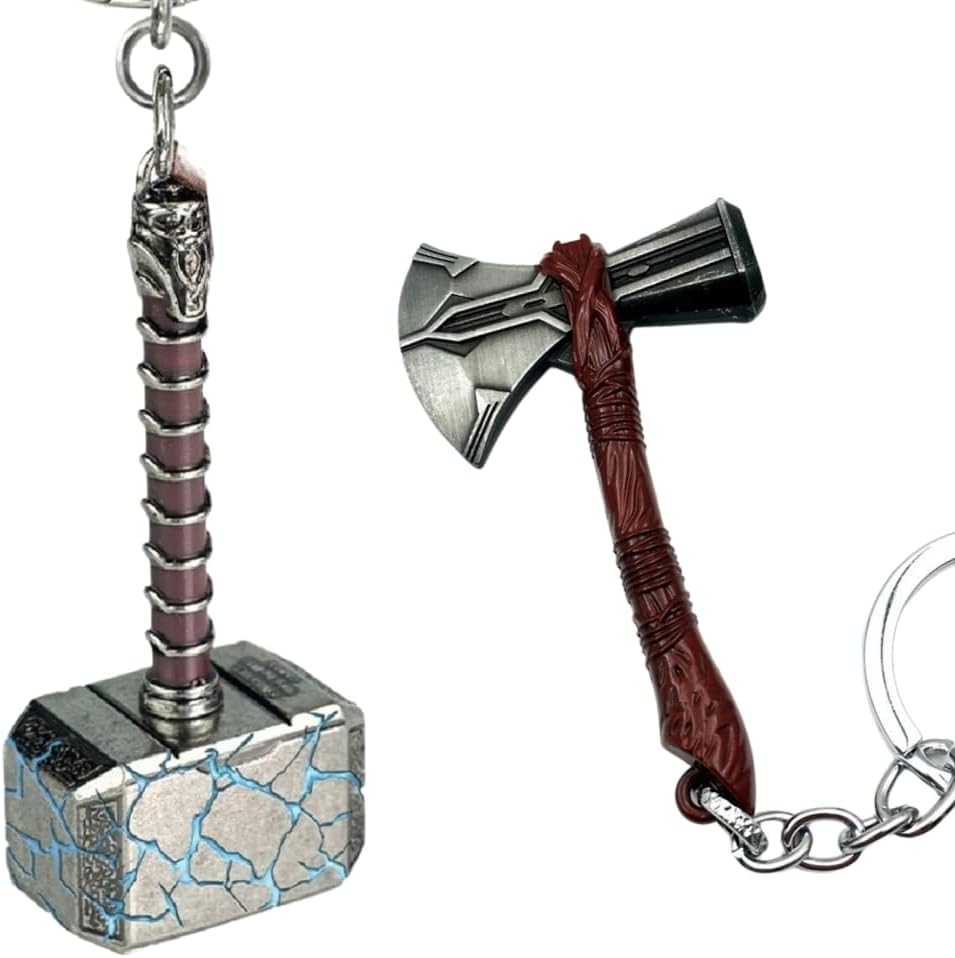 Yaa Catchy Marvel Avengers Thor'S Love And Thunder Thor Hammer Pewter Mjolnir&Axe Storm Breaker Anti-Rust Metal Keychain&Keyring For Men,Women,Bike&Car Combo Pack For(Thor Lover),Silver