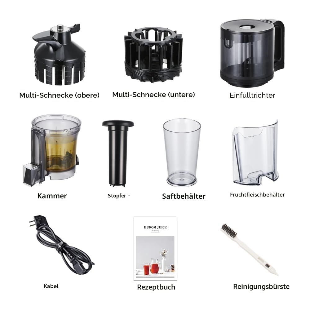 Hurom Slow Juicer | Entsafter Gemüse und Obst | H400 | Leicht zu Reinigen & Leiser Motor Elektrischer Entsafter mit großem Behälter und Siebfilter 2L | 150 Watt | BPA Frei | Schwarz