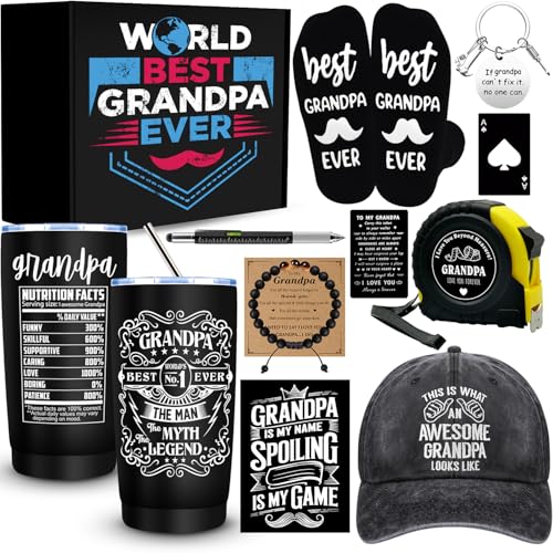 JTAMOHI 11 Pieces Grandpa Gifts, Best Grandpa Ever Gift with 20 Oz Tumbler Socks Baseball Cap Tape Measure Bracelet Wallet Card Keychain, Fathers Day Birthday Christmas Gift for Grandfather Granddad