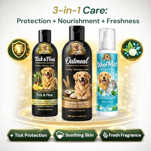 Image of Oatmeal Dog Shampoo 200ml + Tick & Flea Dog Shampoo 200ml + WoofMist Pet Perfume Spray 100ml Combo | Tea Tree Lemon Aloe Soothing Moisturizing & Anti Tick Cleansing | Grooming Kit