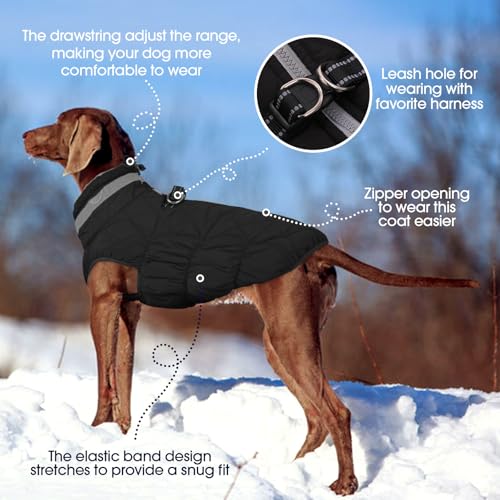 Image of Dog Winter Coat Fleece Warm Large Dog Coat with Harness Built in | Dogs Cold Weather Fleece Coats Zip up Reflective Dog Winter Vest Windproof Water Resistant Snow Coats Solid Black L