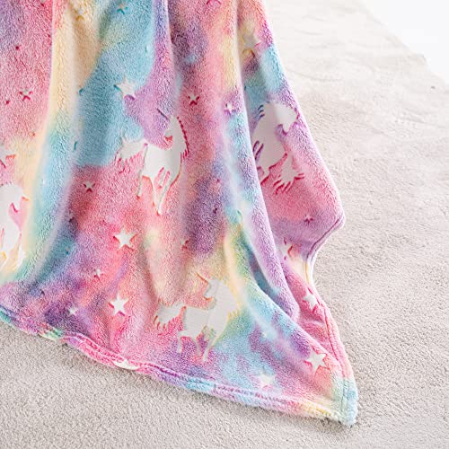 Qsteheml Glow In The Dark Throw Blanket, Luminous Blanket Birthday Gift For Boys Girls Kids Toddlers, Cozy Soft Fluffy Fuzzy Flannel Fleece Blanket For Couch Sofa Bed, 50" X 60", Rainbow Unicorn #TOP5