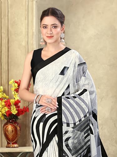 Image of SIRIL Women's Crepe Silk Printed Saree with Unstitched Blouse Piece