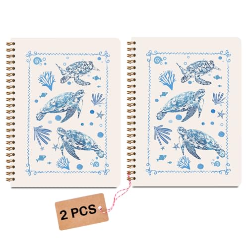 Image of 2 Pcs Sea Turtle Spiral Notebooks for Work, A5(8.3x5.8inch) Composition Notebook College Ruled Note Book, Blue Coral Notepads Lined Travel Journal for Writing, Cute Diary Sea Turtle Gifts for Women