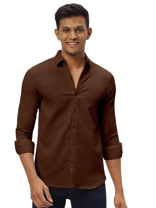 Image of Men's Polycotton Casual Textured Button Down Regular Fit Shirts Long Sleeve Shirt