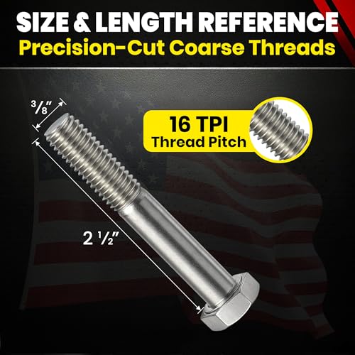 Image of Chenango Supply 3 /8-16 x 2-1 /2 inch Stainless Steel Hex Head Bolts - 304 Stainless, USS Coarse Thread, 100,000-125,000 PSI Tensile Strength, Corrosion-Resistant Hardware Bolts, (25 Pieces, 3 /8-16 x 2.5)