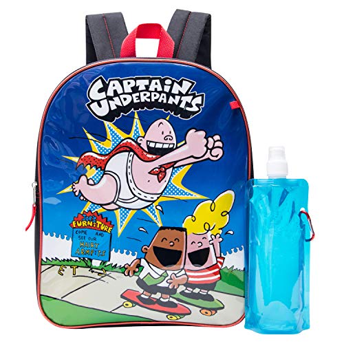 Captain Underpants Backpack Combo Set - Captain Underpants Boys' 3 Piece Backpack Set - Backpack, Waterbottle and Carabina (Black/Royal)