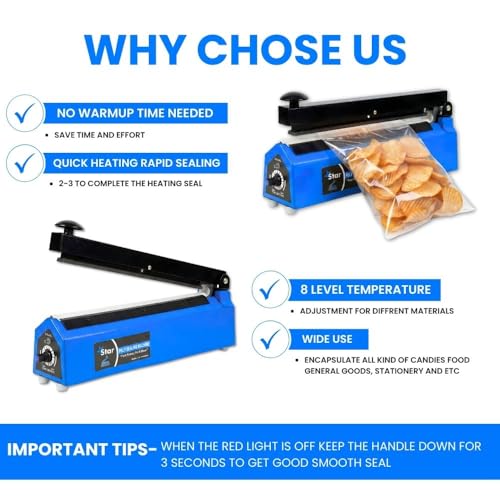 Image of Star Poly Sealing Machine, Impulse Bag Seale, Food packet sealing machine with Replacement Heating Elements, Blue