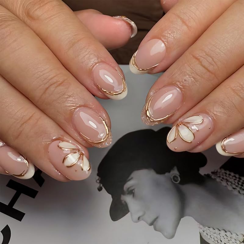3D Gold Line French Tips Press On Nails Oval Short, White Flower ...