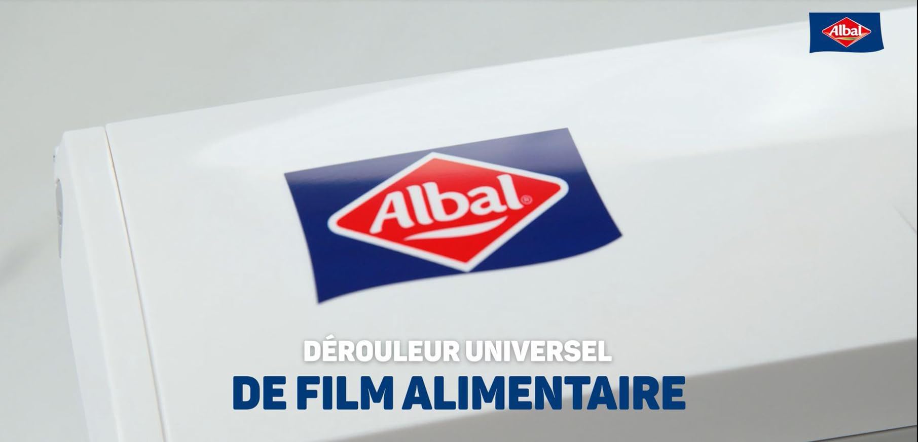 ALBAL Dérouleur Universel de film alimentaire (37 x 9cm), Dérouleur film étirable, aluminium et papier cuisson, pour une découpe nette d'une seule pression, Blanc