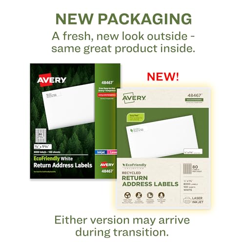 Image of Avery EcoFriendly Recycled Return Address Labels, 1 /2 inch x 1-3 /4 inch, White, Permanent Label Adhesive, 8,000 Printable Labels (48467)